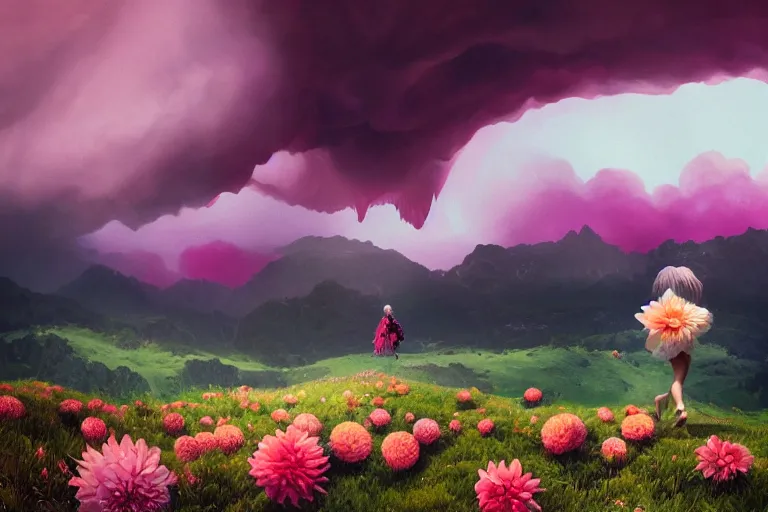 Image similar to giant dahlia flower crown as head, girl walking on mountain, surreal photography, pink storm clouds, dramatic light, impressionist painting, digital painting, artstation, simon stalenhag