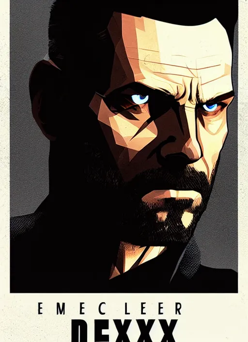 Image similar to poster artwork by Michael Whelan and Tomer Hanuka, a portrait of Max Payne in Deus Ex Human Revolution, clean