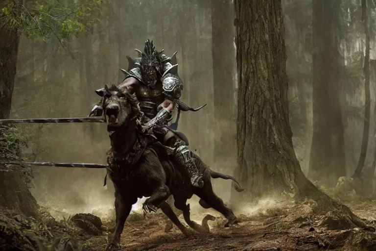 Image similar to vfx movie closeup detailed ancient armored warrior orc hunting riding large wolf in the forest, natural lighting by emmanuel lubezki