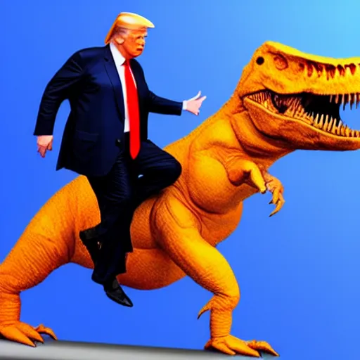 Image similar to Photograph of president Donald Trump riding a full body T-Rex, ultra realistic, intricate details, highly detailed, photorealistic