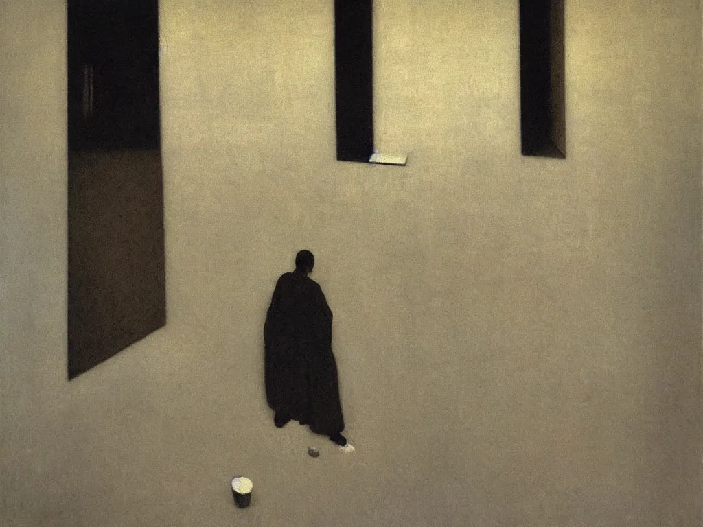 Image similar to Interior of a Zen monk cell. Grazing light, high contrast. Painting by Vilhelm Hammershoi, Rothko