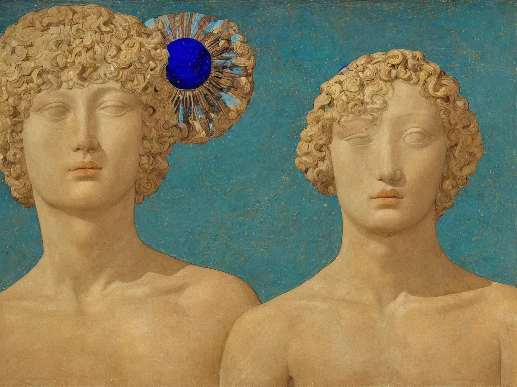 Image similar to marble greek sculpture head of the sun god with inlaid crystal eye. lapis - lazuli, turquoise, malachite, cinnabar, earth brown. painting by piero della francesca, balthus, agnes pelton