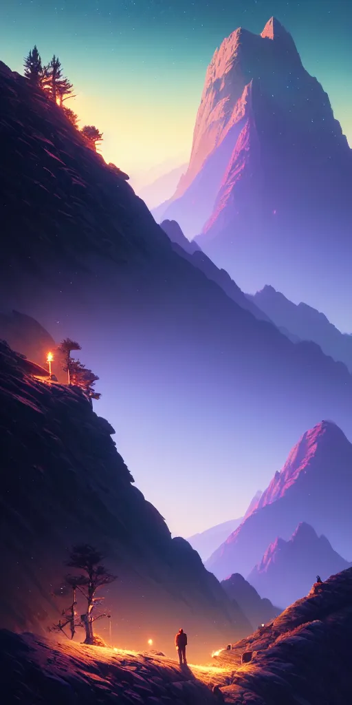 Image similar to highly detailed mountain in night, gta v, stephen bliss, unreal engine, fantasy art by greg rutkowski, loish, rhads, ferdinand knab, makoto shinkai and lois van baarle, ilya kuvshinov, rossdraws, tom bagshaw, global illumination, radiant light, detailed and intricate environment