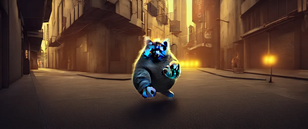 Prompt: 3d render of a cute flooffy fat catman jumping on a dark city alley sharp cinematic lighting octane 8k low angle shallow depth of field