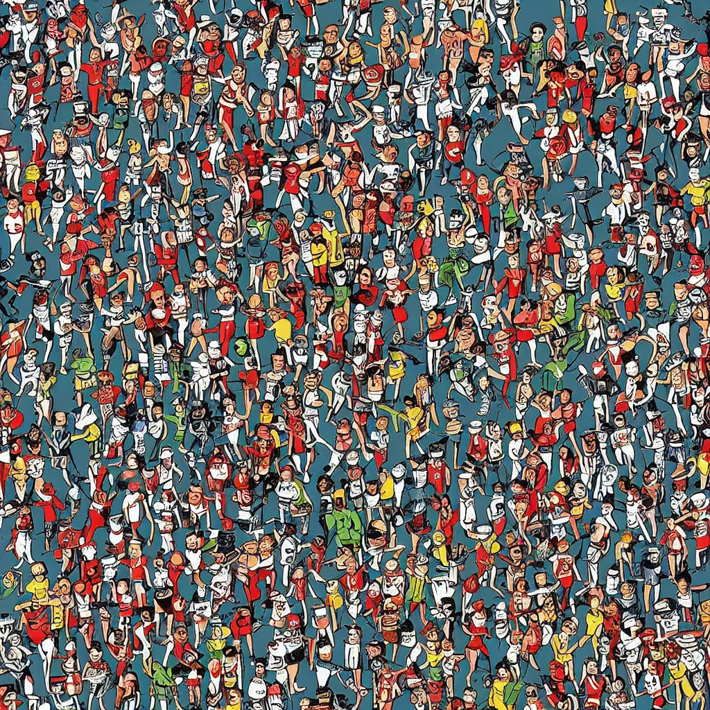 Image similar to Where's Waldo, on a futuristic robot battlefield