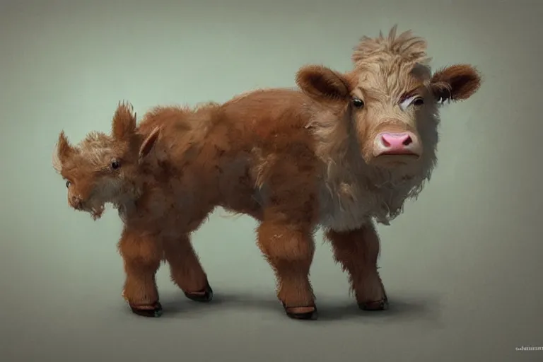 Image similar to cute fluffy calf by jean - baptiste monge, high quality, high resolution, 4 k, painted by cgsociety, rutkowski, gurney with ambient lighting, concept art, detailed, smooth, dynamic volumetric cinematic lighting, octane, raytrace