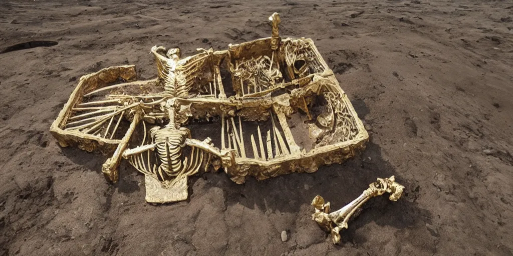 Image similar to archeological discovery of golden throne with skeleton