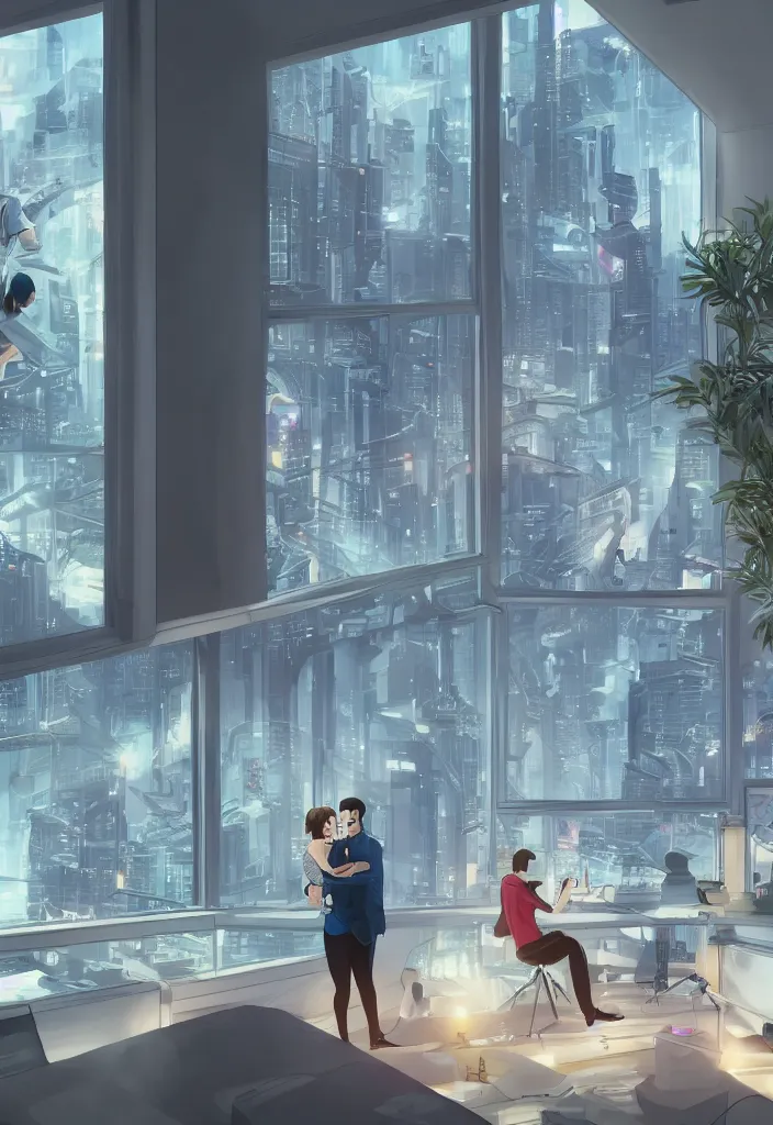 Image similar to wife hugging her sitted husband that at his futuritic desk looking at the window with a futuristic city, rossdraws, global illumination, radiant light, detailed and intricate environment