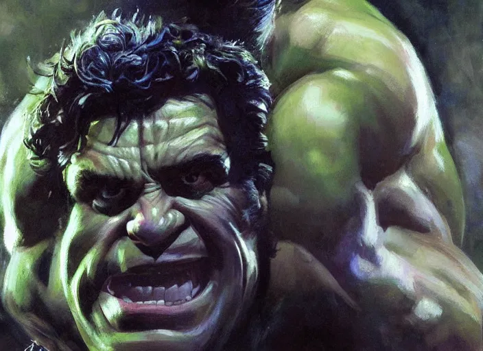 Image similar to a highly detailed beautiful portrait of mark ruffalo transforming into the hulk, by gregory manchess, james gurney, james jean