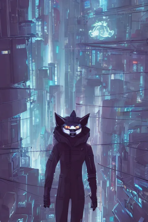 Image similar to a cyberpunk anthropomorphic fox with a fluffy tail staring over a futuristic city from the top of a roof, comic art, trending on furaffinity, cyberpunk, backlighting, cartoon, by kawacy