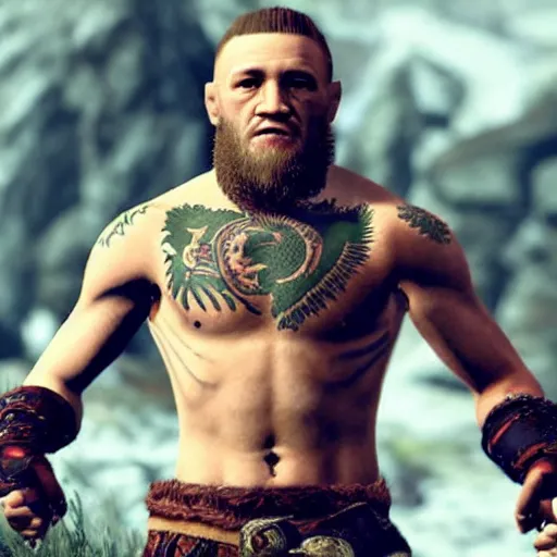 Prompt: character screenshot of conor mcgregor in skyrim, female armor, npc talking, wilderness, 1 0 8 0 p, bokeh, elder scrolls v, detailed, dialog text