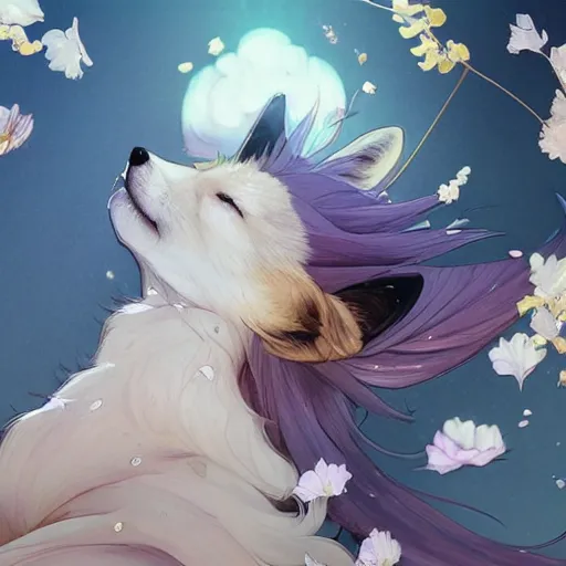 Image similar to a portrait of a spirit fox looking up as flower petals flow gently as a breeze blows them from left to right on a cloudy day with blue skies, art by artgerm and greg rutkowski and magali villeneuve and alphonse mucha and rossdraws and makoto shinkai, d & d, fantasy, highly detailed, digital painting, trending on artstation