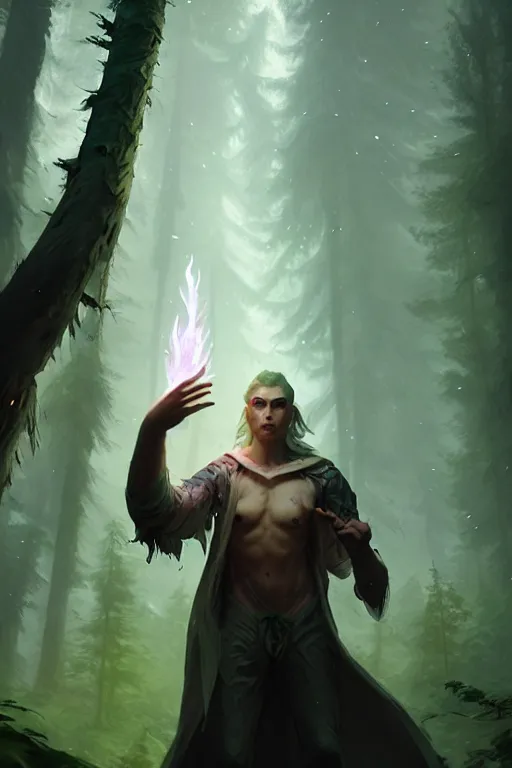 Image similar to a human elemental wizard, forest setting, colorful magic, male, epic, white skin, young, sharp, concept art, dynamic lighting, unreal engine, octane, by greg rutkowski and svetlin velinov