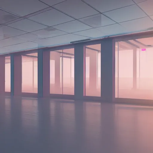 Prompt: sprawling office floor with cubicles,, in faded pink, morning fog, blue hour, archviz, cgi, trending on artstation, corona renderer, unreal engine, ray tracing, 3 ds max, cinematic, city in the background