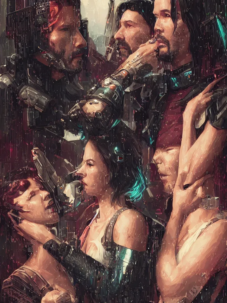 Image similar to a cyberpunk 2077 srcreenshot wedding couple portrait of Keanu Reeves and female android final kiss,love,film lighting,by Laurie Greasley,Lawrence Alma-Tadema,Dan Mumford,John Wick,Speed,Replicas,artstation,deviantart,FAN ART,full of color,Digital painting,face enhance,highly detailed,8K,octane,golden ratio,cinematic lighting