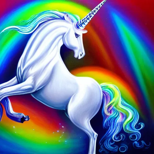 Image similar to luminescent detailed airbrush painting of magical white unicorn with long flowing rainbow colored mane