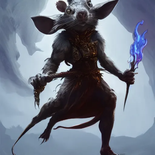 Prompt: Rat, Anthropomorphized, casting epic spell, magic the gathering artwork, D&D, fantasy, cinematic lighting, centered, symmetrical, highly detailed, digital painting, artstation, concept art, smooth, sharp focus, illustration, volumetric lighting, epic Composition, 8k, art by Akihiko Yoshida and Greg Rutkowski and Craig Mullins, heroic pose, oil painting, cgsociety, magic lab background