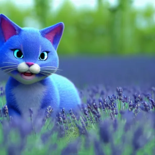 Prompt: cute blue cat in grassy field with lavender growing, disney pixar movie, 3 d render, octane render, cinematic lighting