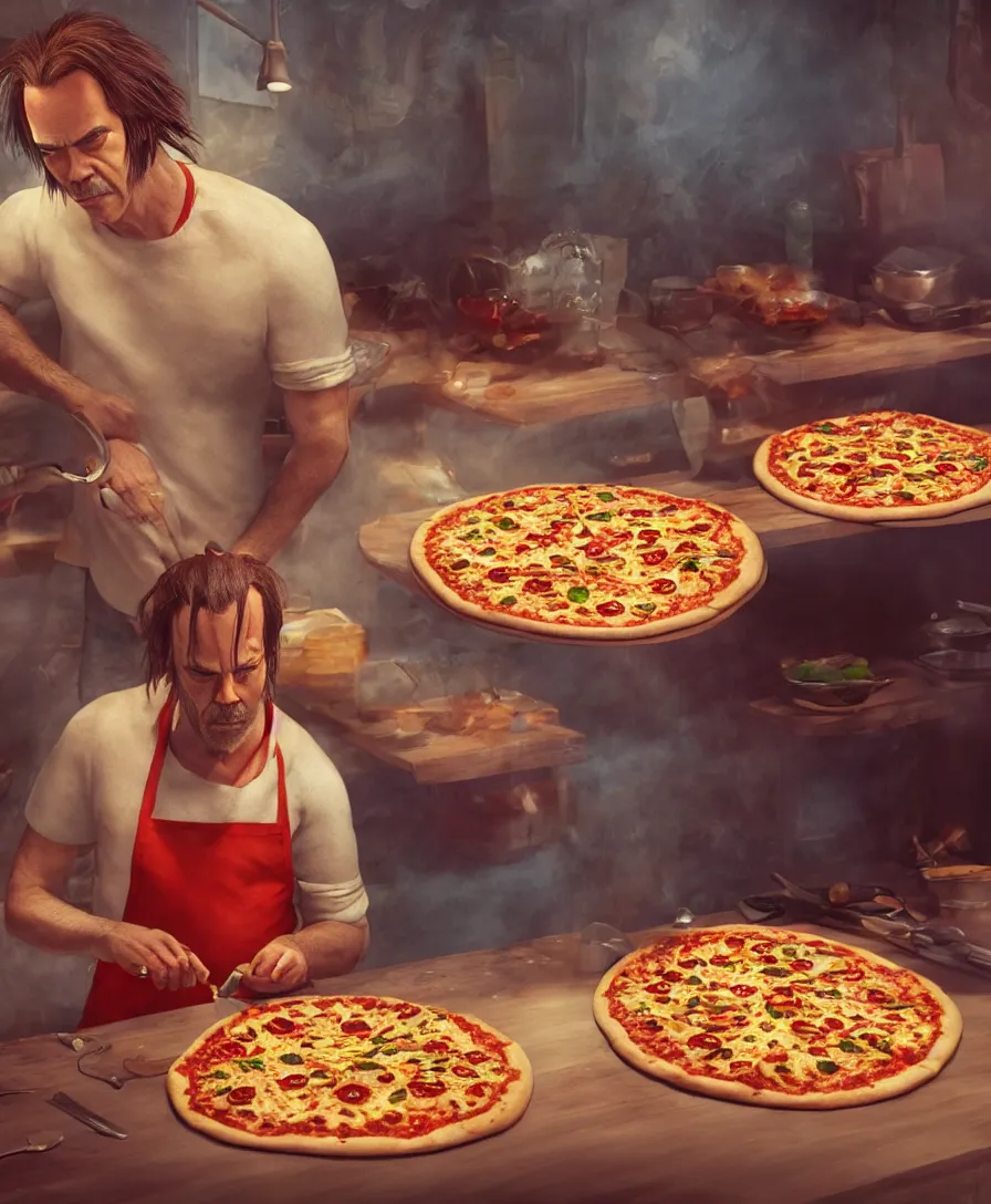 Prompt: nick cave baking pizza, cinematic lighting, 8k, artstation, octane render, cinematic, hyper realism, 8k, concept art, illustration, vibrant colors