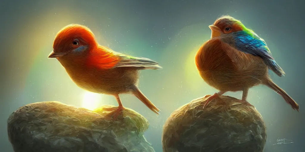 Image similar to baby bird, sunrise, pot of gold, rainbow, sci-fi, fantasy, intricate, very very beautiful, elegant, highly detailed, digital painting, artstation, concept art, smooth, sharp focus, illustration