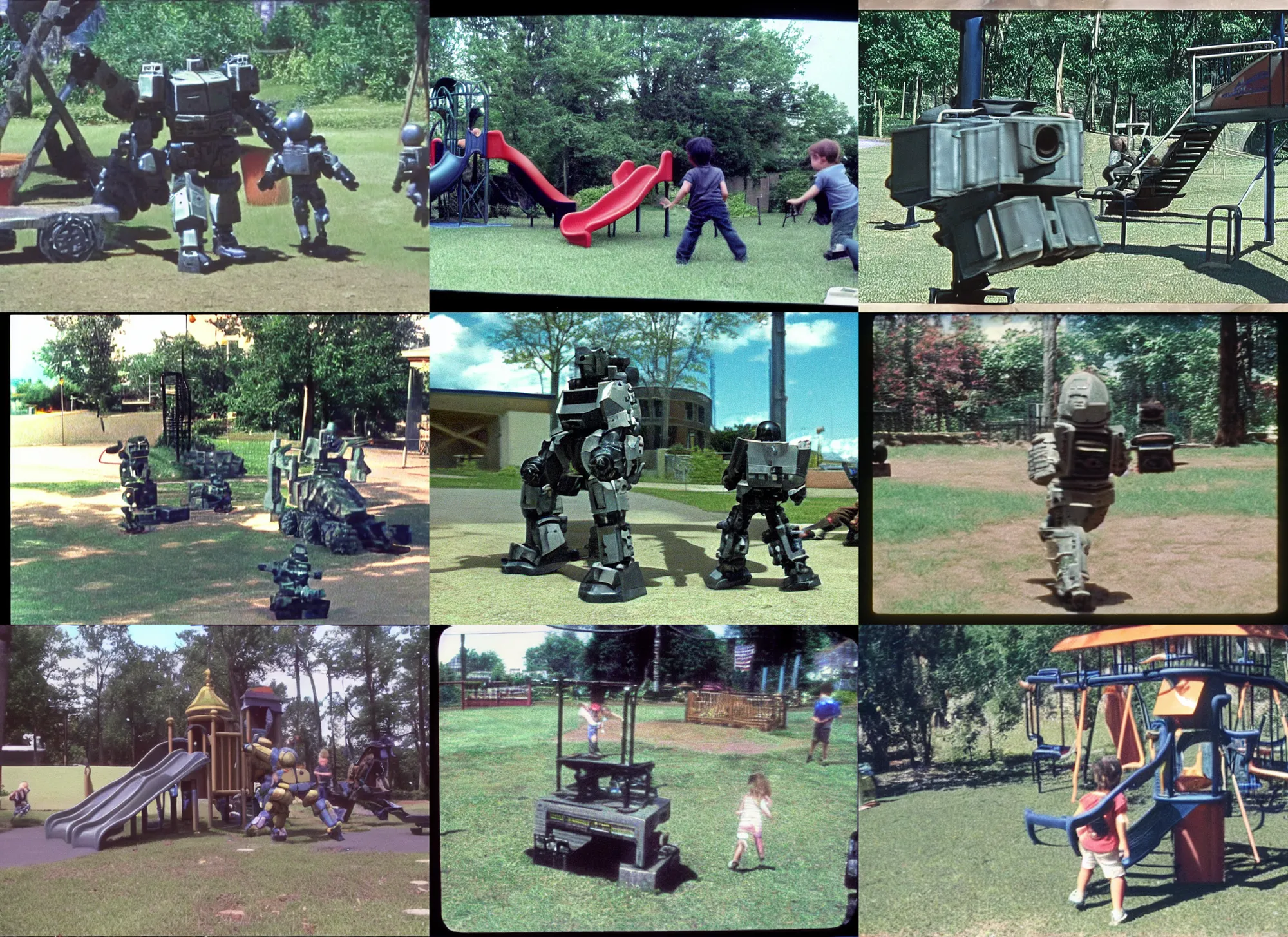 Prompt: home video footage, an armored core playing in the playground, summer. color vhs picture quality with mixed noise, filmed by dad.