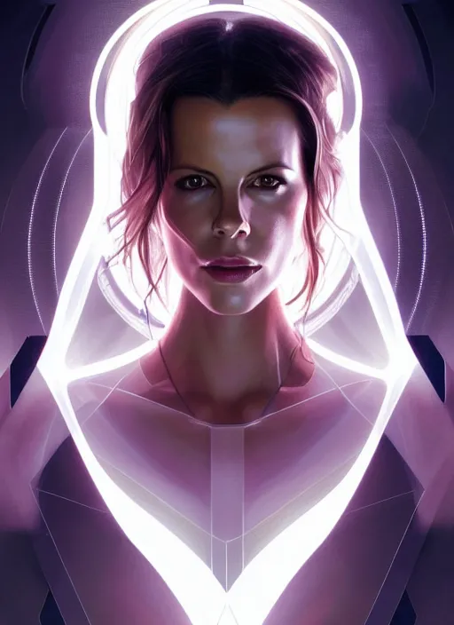 Image similar to symmetry!! portrait of kate beckinsale, sci - fi, anxiety, tech wear, glowing lights!! intricate, elegant, highly detailed, digital painting, artstation, concept art, smooth, sharp focus, illustration, art by artgerm and greg rutkowski and alphonse mucha