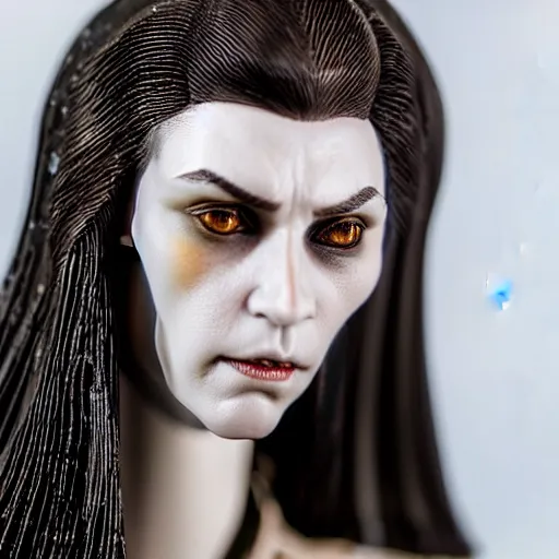 Image similar to photo taken of an epic intricate, ultra detailed, super realistic bust of a majestic gracious regal aristocratic brunette female vampire created by weta workshop, menacing, some zoomed in shots, photorealistic, sharp focus, white wall, extremely cold blueish colour temperature, 3 5 mm, f 1. 4, golden ratio