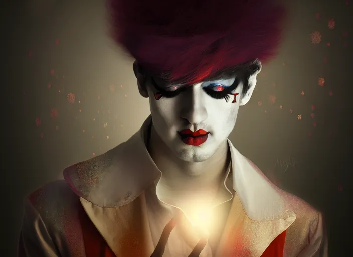 Image similar to award winning digital art of a attractive male pierrot, performing at a magnificent circus, beautiful circus themed background, trending artstation, digital art, aesthetic, bloom, intricate, elegant, sharp focus, digital illustration, highly detailed, octane render, digital painting, concept art, witchlight carnival, masterpiece