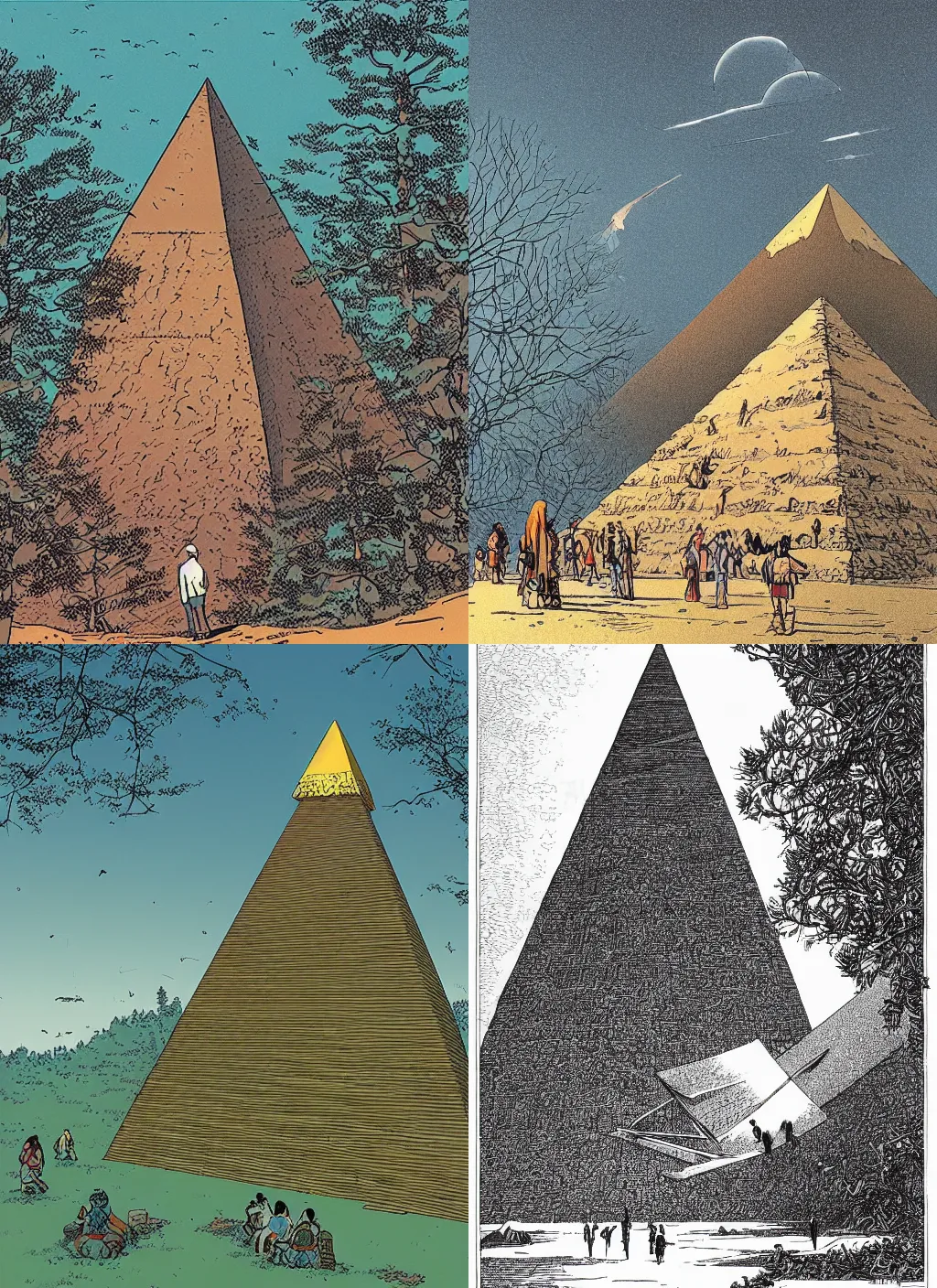 Prompt: illustration of a gigant pyramid floating above a forest, there is a crowd of people observing by moebius