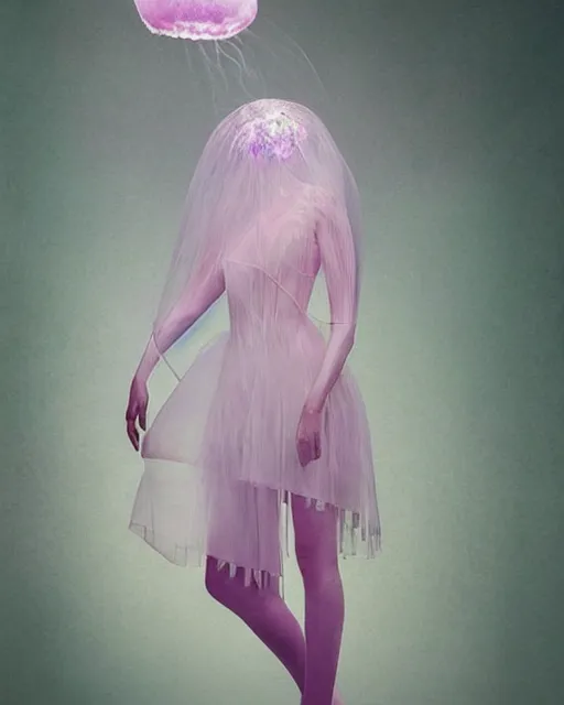 Image similar to a luminous jelly fish armor. soft. fragile. by ray caesar. by louise dahl - wolfe. by andrea kowch. by anna claren. surreal photography