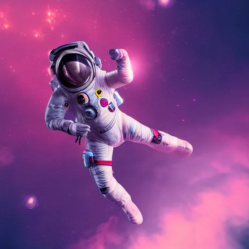 Prompt: a wide shot of a feminine woman in a spacesuit flying through space with galaxies in the back, epic lighting, digital art, vector art, trending on artstation, highly detailed, octane render