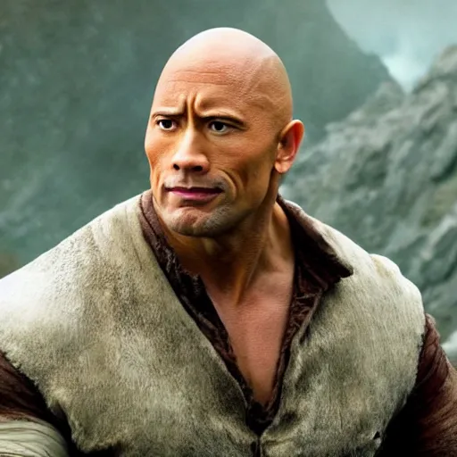 Image similar to dwayne the rock johnson as bilbo baggins, hobbit, lord of the rings, movie, photo, hyperdetailed, sharp focus,