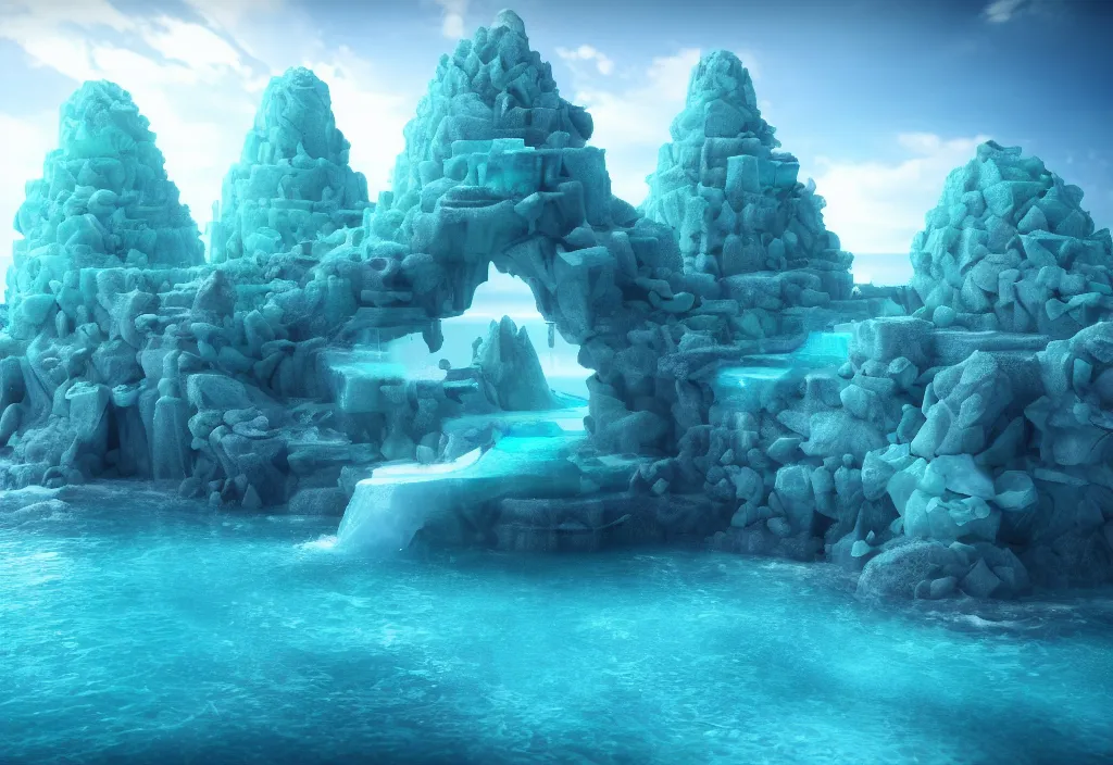 Image similar to ocean temple made out of crystalline blue stone, fantasy, mystical, ocean, 3 d, render, ocean, water, 8 k