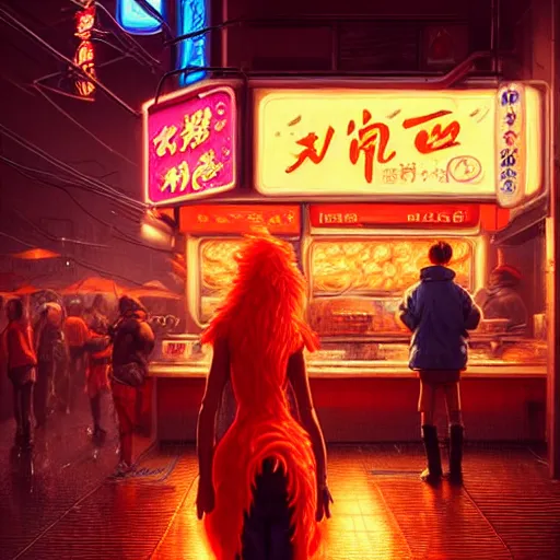 Prompt: splash art of anthropomorphic female vulpes vulpes fulva woman at a noodle stand eating ramen in the crowded street of a cyberpunk city, rain, harsh neon lighting, realistic, ultra detailed, by greg rutkowski, wlop, sakimichan, artgerm