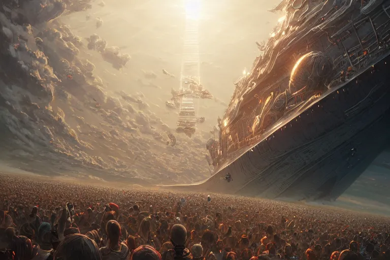 Prompt: detailed intricate digital illustration by greg rutkowski and artgerm and wlop and sanford robinson gifford ; colossal mothership vessel of immeasurable size arriving in our atmosphere, perspective of crowd of people on the ground looking up ; 1 3 mm film, wide angle ; golden hour, lens flare, trending on artstation 8 k