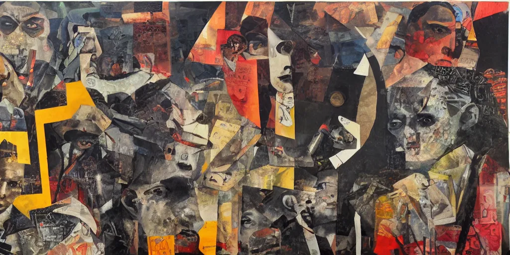 Prompt: gangsters, collage, acrylic on canvas, expressionism movement, breathtaking detailed, by blake neubert