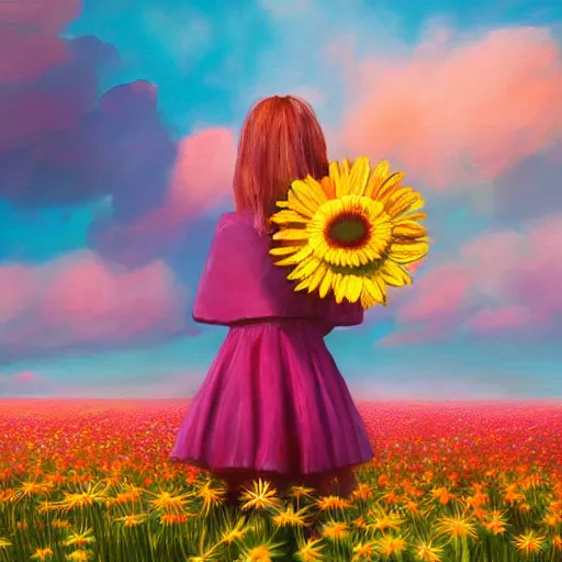 Prompt: head with giant daisy flower, full body girl standing in a flower field, surreal photography, sunrise, dramatic light, impressionist painting, colorful clouds, digital painting, artstation, simon stalenhag