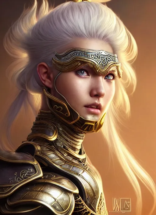 Image similar to warrior, intricate ornate opal heavy armor!!! beautiful and athletic white hair female!! gorgeous face and eyes!! character concept art, sharp focus, octane render! unreal engine 5! highly rendered!! trending on artstation!! detailed linework!! illustration by artgerm, wlop, and chie yoshii