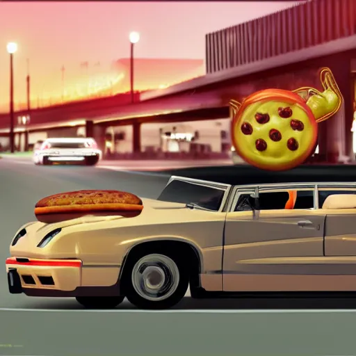 Image similar to Hyperrealistic ultradetailed digital art of Jesse Pinkman driving a car made out of a hamburger on a busy highway in Los Angeles, realistic, detailed lighting, cinematic, trending on artstation and 500px and behance