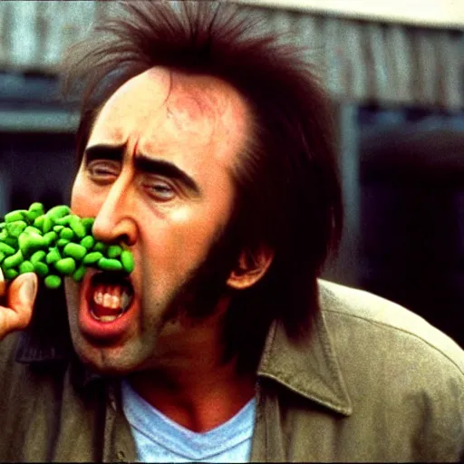 Image similar to nicolas cage screaming with a mouth full of peas, movie still, the wicker man