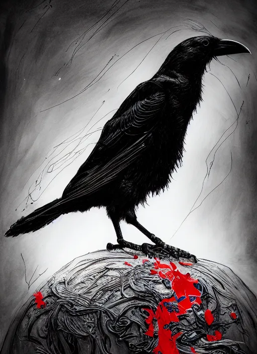 Image similar to portrait, A crow in front of the full big moon, book cover, red white and black colors, establishing shot, extremly high detail, foto realistic, cinematic lighting, pen and ink, intricate line drawings, by Yoshitaka Amano, Ruan Jia, Kentaro Miura, Artgerm, post processed, concept art, artstation, matte painting, style by eddie mendoza, raphael lacoste, alex ross