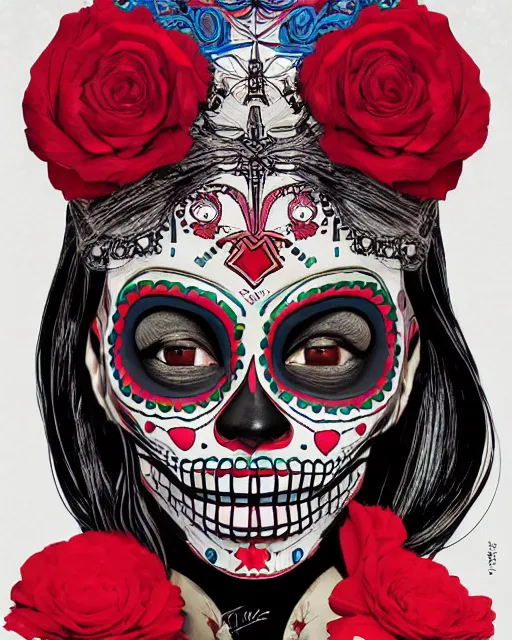 Image similar to dia de los muertos theme poster art by artemio rodriguez, aida muluneh, and gustave bauman, intricate, accurate facial details, profile picture, artgerm, retro, nostalgic, old fashioned, posterized color