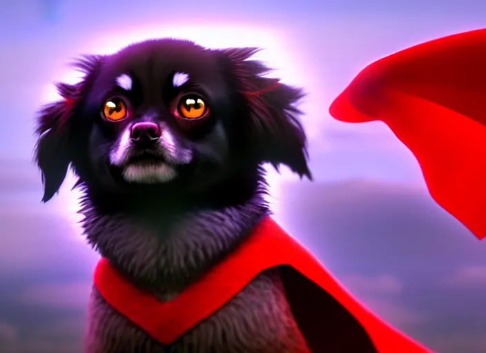 Prompt: a wholesome animation key shot of a black tibetan spaniel, wearing a red cape, flying, studio ghibli, pixar and disney animation, sharp, rendered in unreal engine 5, anime key art by greg rutkowski, bloom, dramatic lighting
