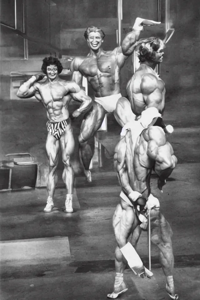 Image similar to Ronald McDonald as a bodybuilder in front of McDonald\'s, photo by Anne Liebovitz