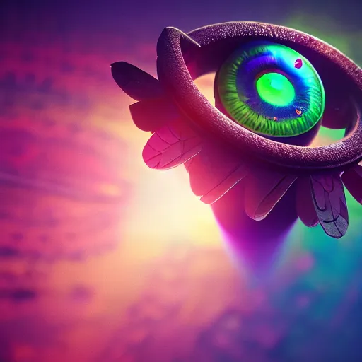 Prompt: still of rainbow orphanim, wheel, bird wings, giant eyeball, biblical accurate angel, mythological, 8 k, octane render, 3 5 mm, amazing details, beautiful composition