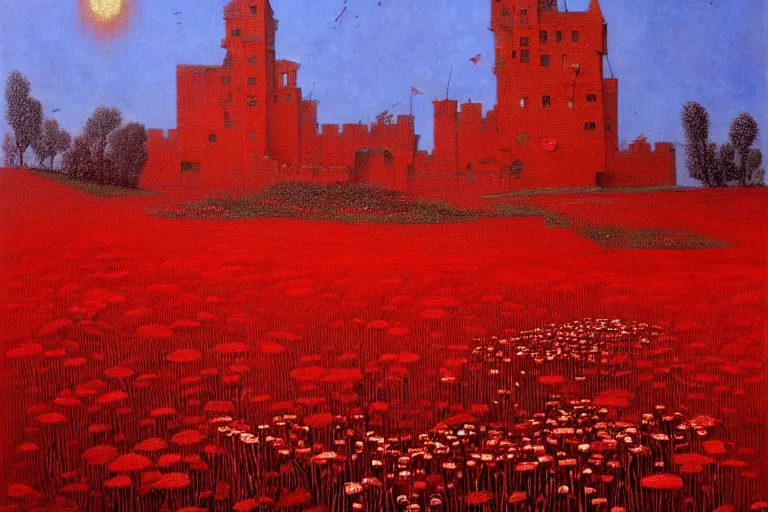 Image similar to only with red, red flowers of different types, a red tiger, a castle in the background, medieval demons dance over the flowers, an ancient path, in the style of beksinski, part by hopper, part by rodcenko, part by hofbauer, intricate composition, red by caravaggio, insanely quality, highly detailed, masterpiece, red light, artstation