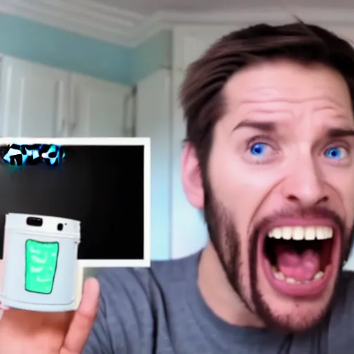 Image similar to still from a velociraptor's vlog complaining about his samsung refrigerator