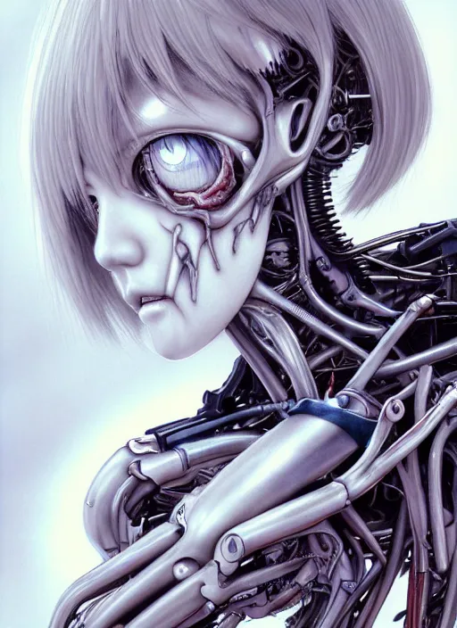 Image similar to Rei Ayanami by Yoshitaka Amano, by HR Giger, biomechanical, profile portrait, 4k, wide ayes, hyper detailed, hyperrealism, anime, a Blood Moon rising on a Broken World 4k very detailed deviantart artstation