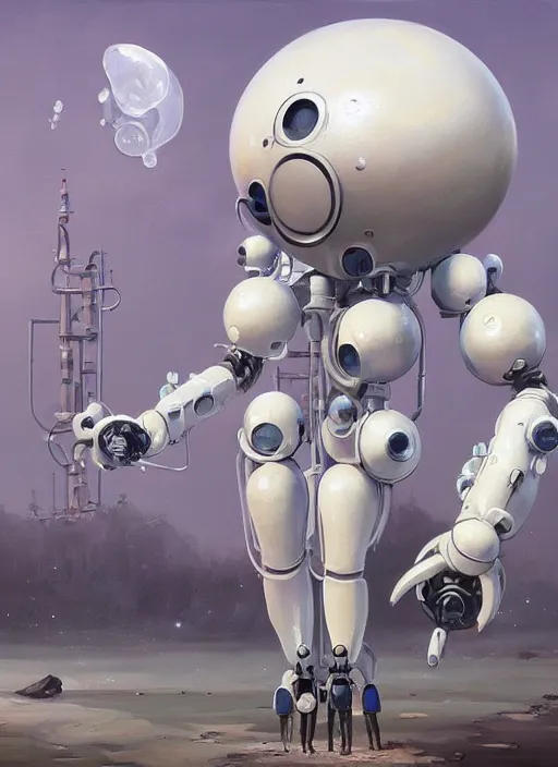 Image similar to an intricate oil painting of a giant pristine white humanoid curvy feminine figure bubble mech with rounded components by simon stalenhag, inspired by nier : automata, clean white lab background