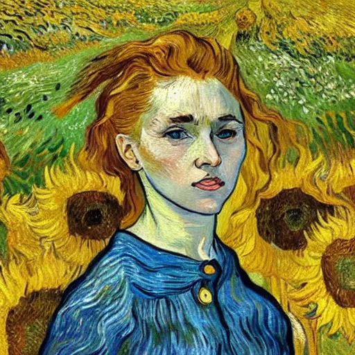 Image similar to a girl in amazing tall sunflower field, her hair flowing down, subtle, intricate details, real masterpiece, oil on canvas, by vincent van gogh